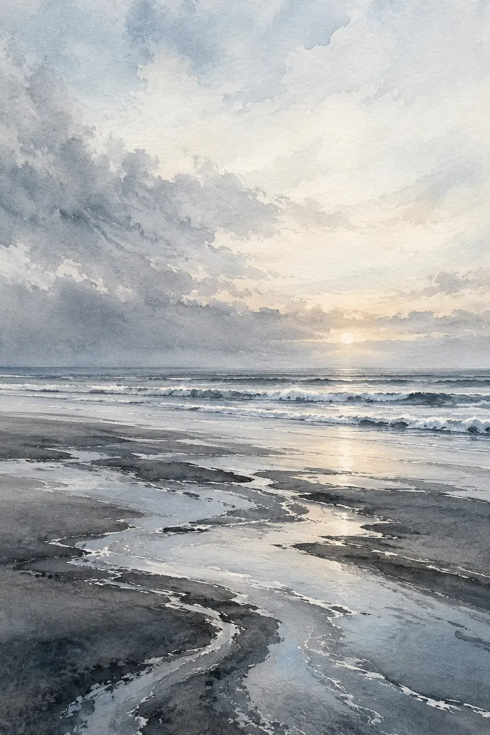 Vertical ink wash painting of a misty beach at dawn, with a low horizon, layered surf, and dark wet-sand channels in the foreground.
