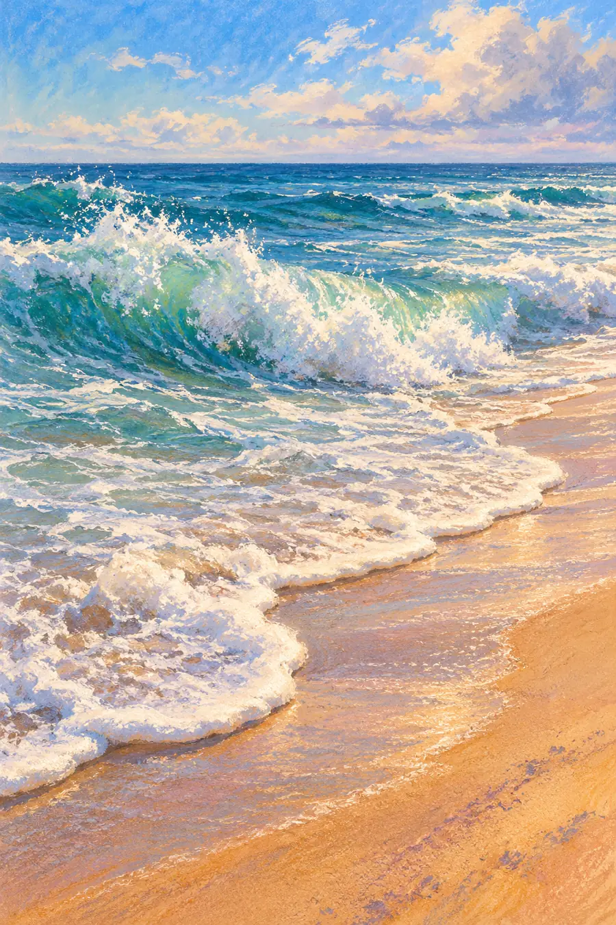 Vertical pastel painting of a turquoise shorebreak curling into cream foam across warm peach sand beneath a high horizon and bright afternoon sky.