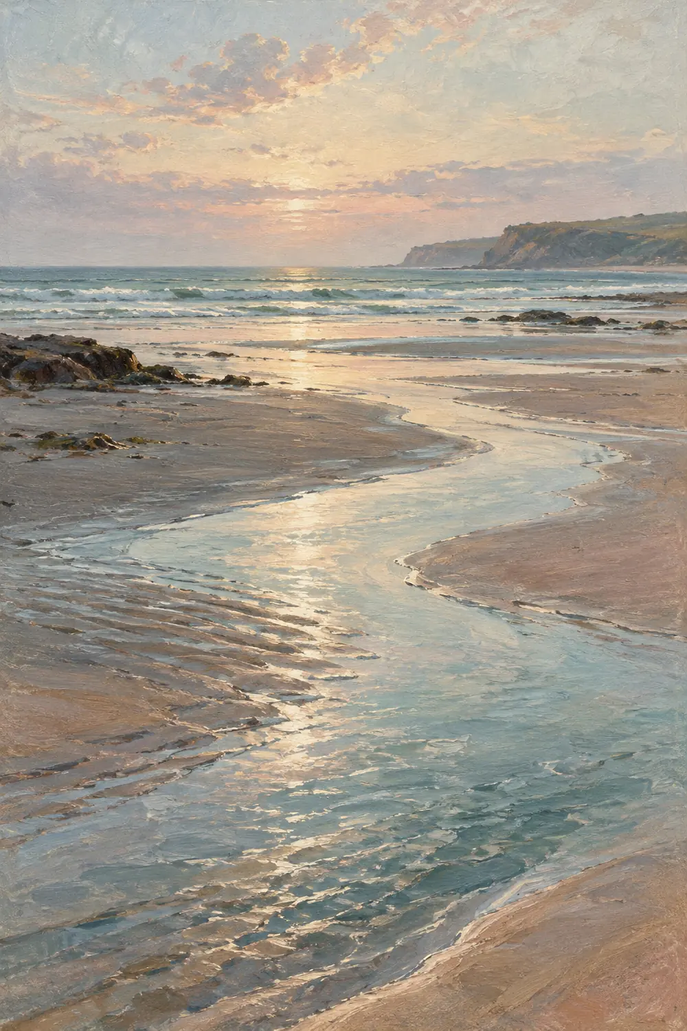 Textured vintage-style painting of a quiet low-tide beach, with shallow water winding across reflective sand toward a distant headland beneath a hazy morning sky.