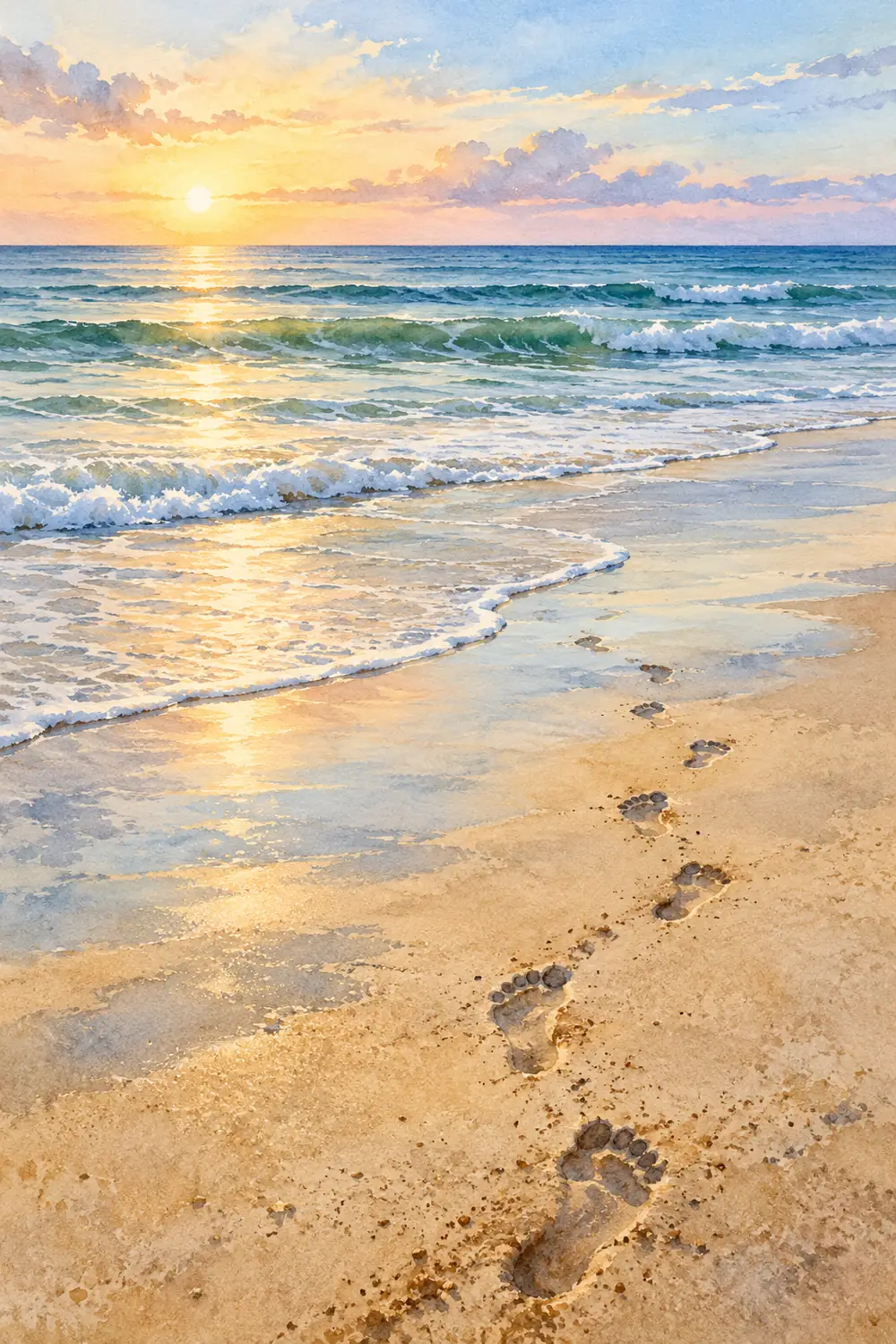 Vertical watercolor painting of footprints curving across wet sand toward gentle waves under a sunrise.