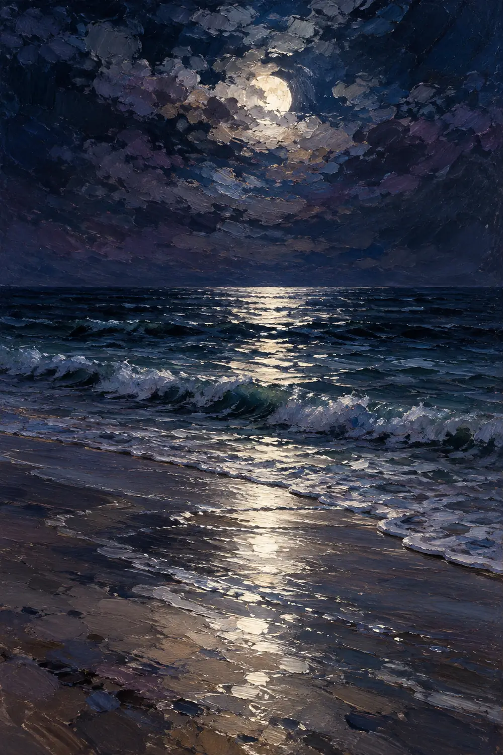 Vertical oil painting of a moonlit beach, with clouded sky, a low horizon, rolling wavelets, and silver reflections across dark water and wet sand.