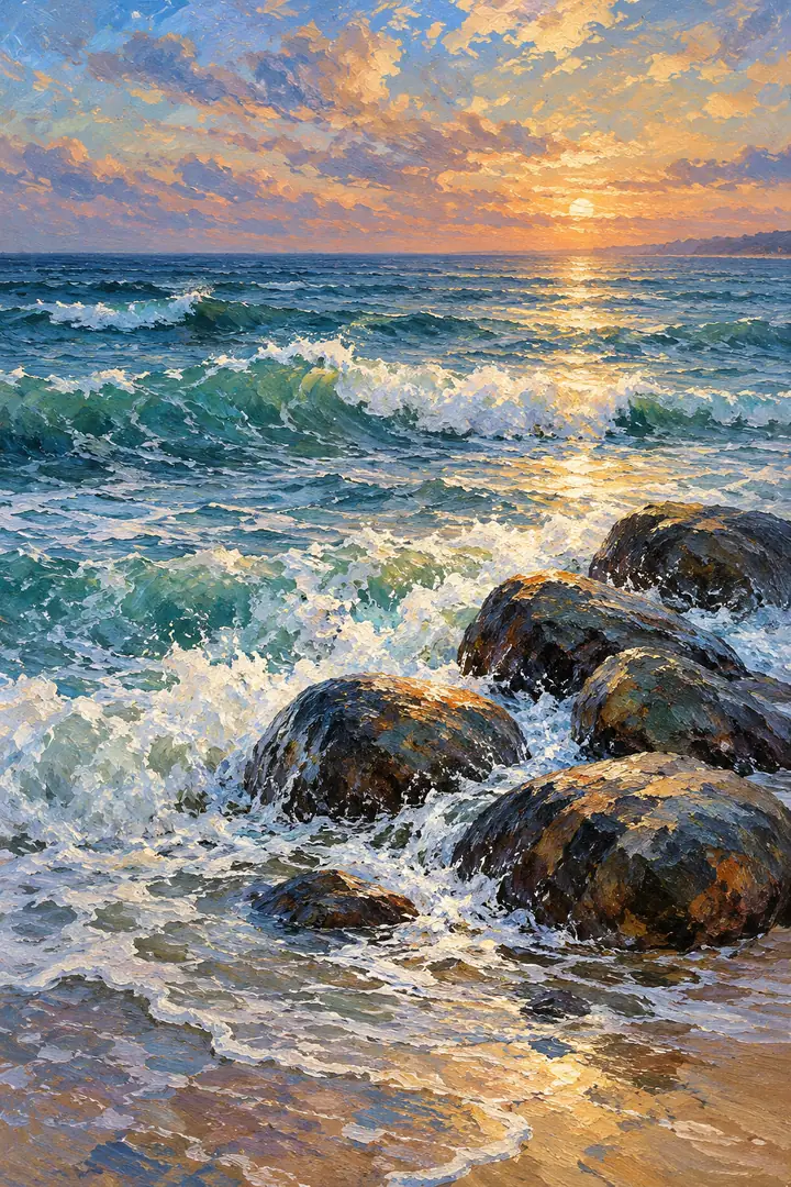 Vertical Impressionist painting of five dark rocks at the shoreline, surrounded by foaming teal water beneath a warm sunset sky.