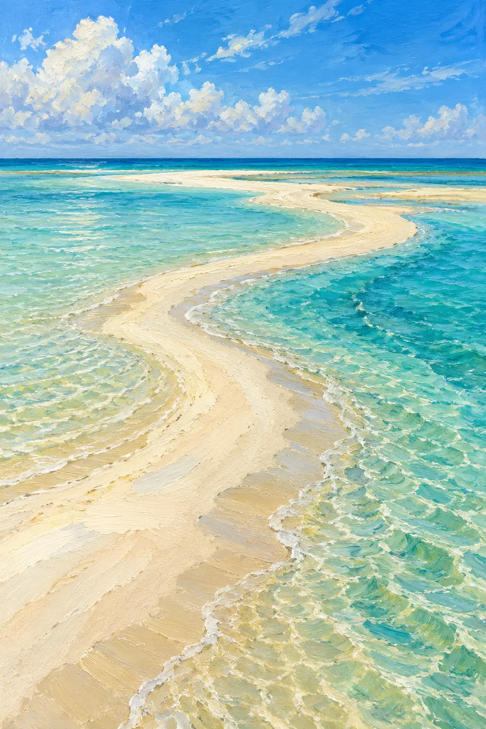 Textured acrylic painting of a pale S-shaped sandbar curving through shallow turquoise channels toward a calm blue horizon beneath a cloud-filled sky.