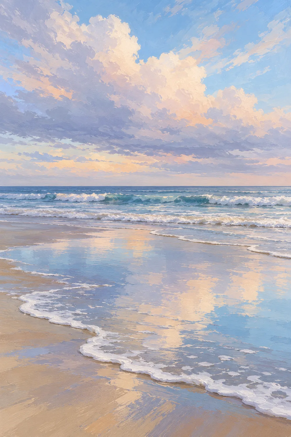 Vertical gouache painting of a calm beach, with a peach and lavender cloud bank reflected in shallow blue water and a thin curling line of white foam across the sandy foreground.