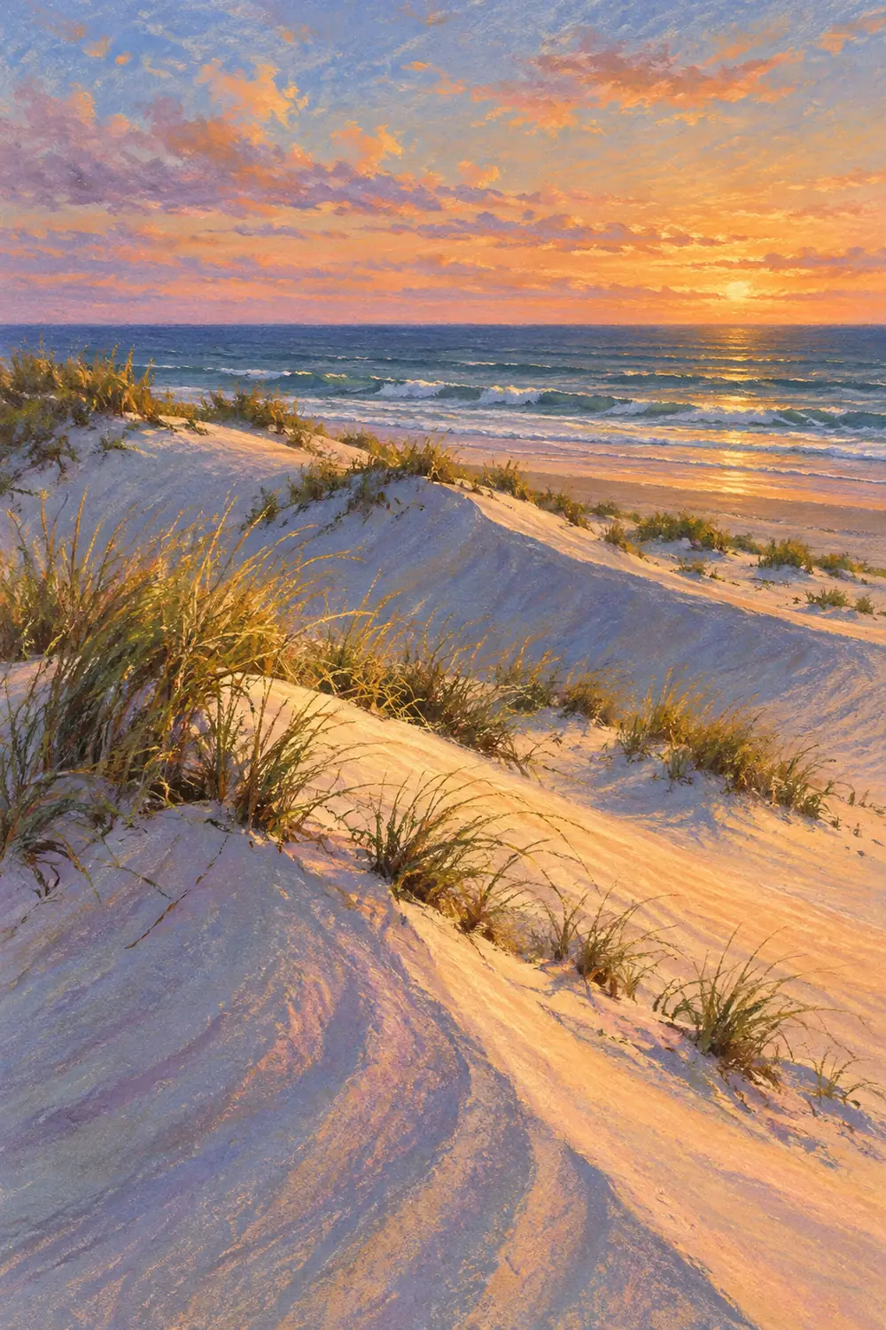 Vertical pastel-style painting of grassy wind-carved dunes overlooking evening surf beneath a glowing, cloud-streaked sky.