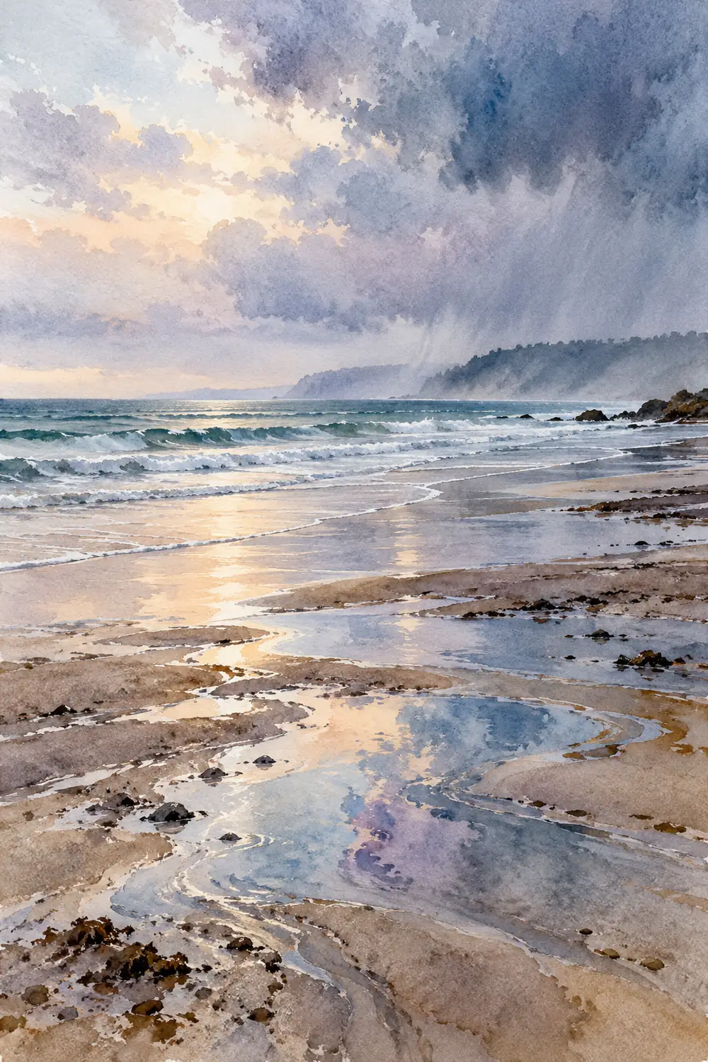 Vertical watercolor painting of a rain-polished empty beach, with reflective foreground puddles, a narrow surf line, and a hazy distant headland beneath storm clouds.