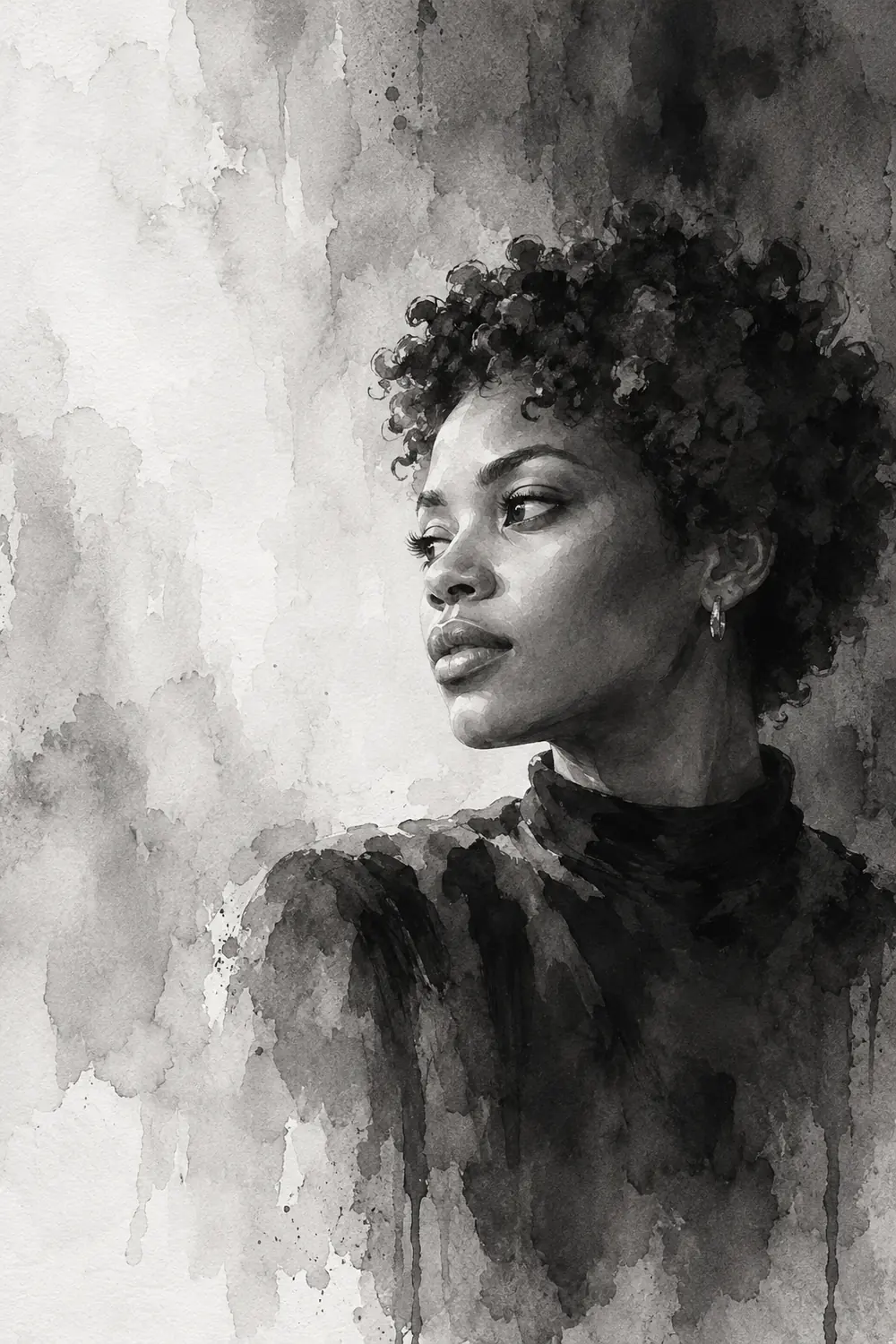 Monochrome ink wash painting of a fictional woman with short curls looking left, set against a textured pale gray wash.