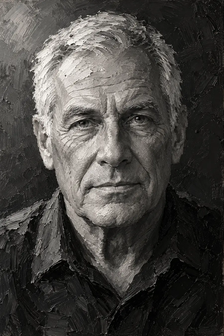 Vertical grayscale oil painting of a fictional older man with close-cropped silver hair, a lined face, direct gaze, and dark collared shirt against a charcoal background.