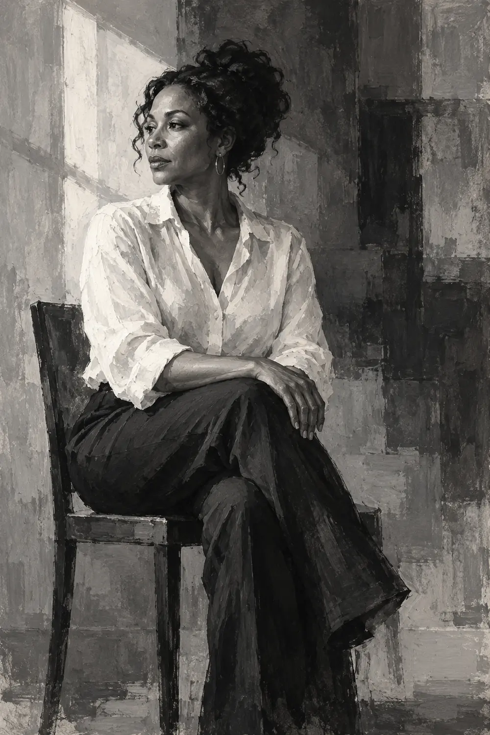 Vertical monochrome acrylic painting of a seated Black woman in a light blouse and dark trousers, looking toward a bright window against an abstract gray interior.