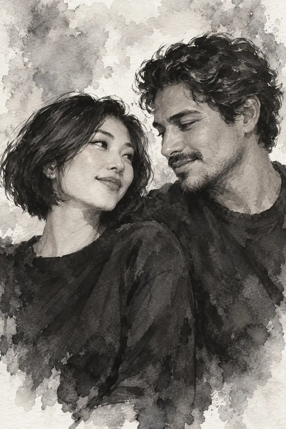Monochrome watercolor portrait of a short-haired woman and a wavy-haired man leaning toward one another in a quiet glance, against a cloudy wash fading to white.