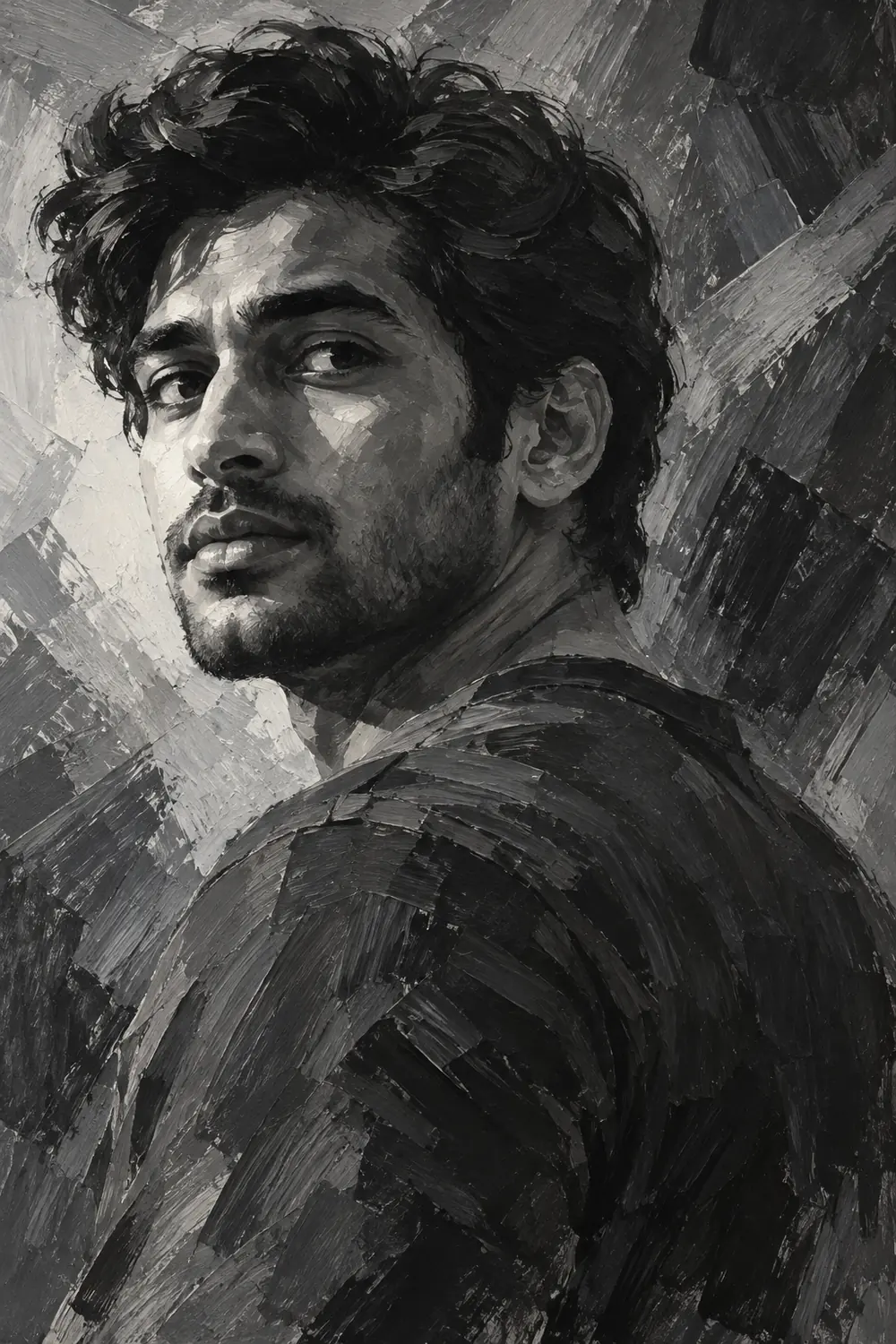 Monochrome acrylic portrait of a fictional young South Asian man turning over his shoulder against angular charcoal and gray brushstrokes.
