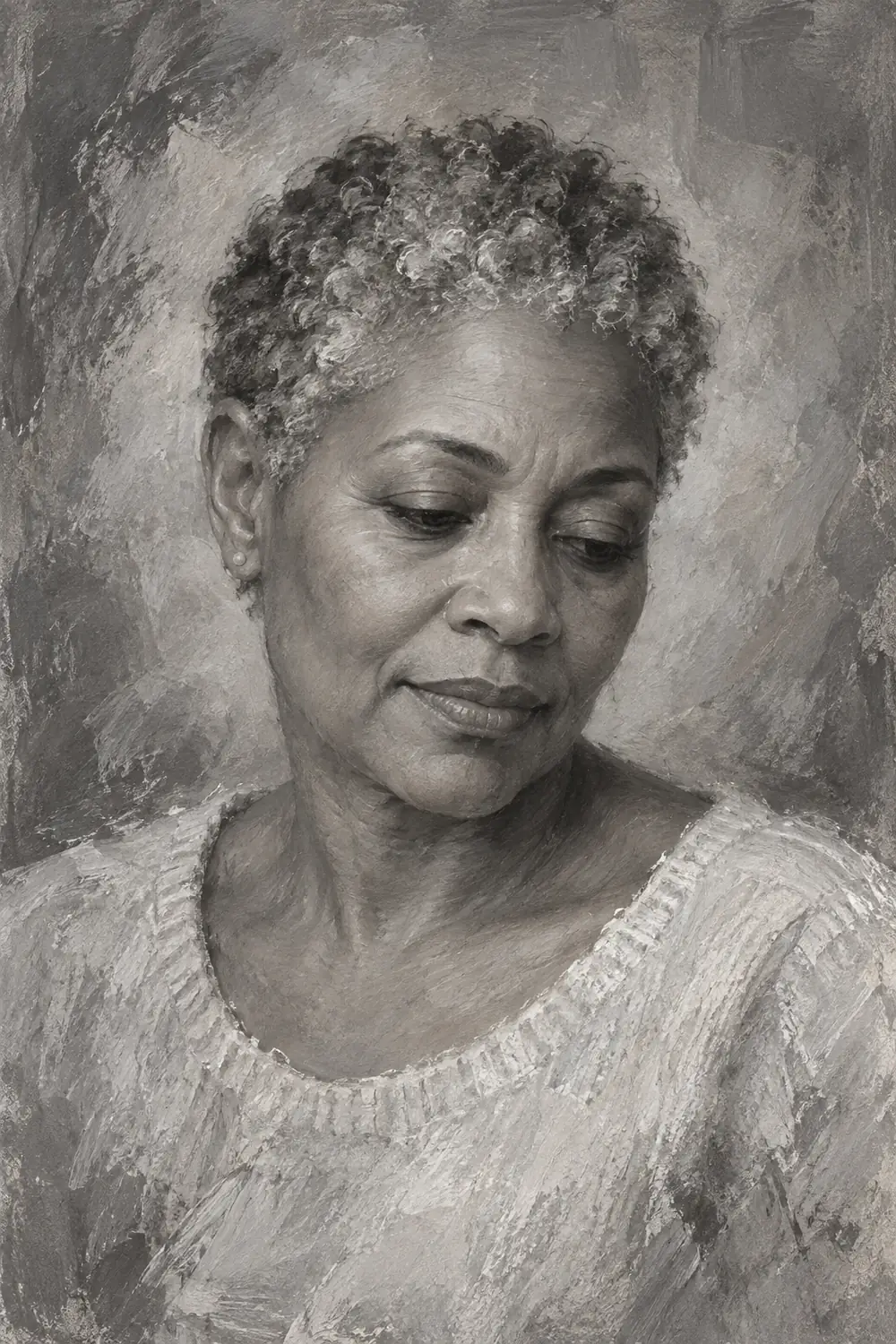 Monochrome painted head-and-shoulders portrait of a woman with close-cropped textured hair, looking down in a light knit top against a hazy gray background.