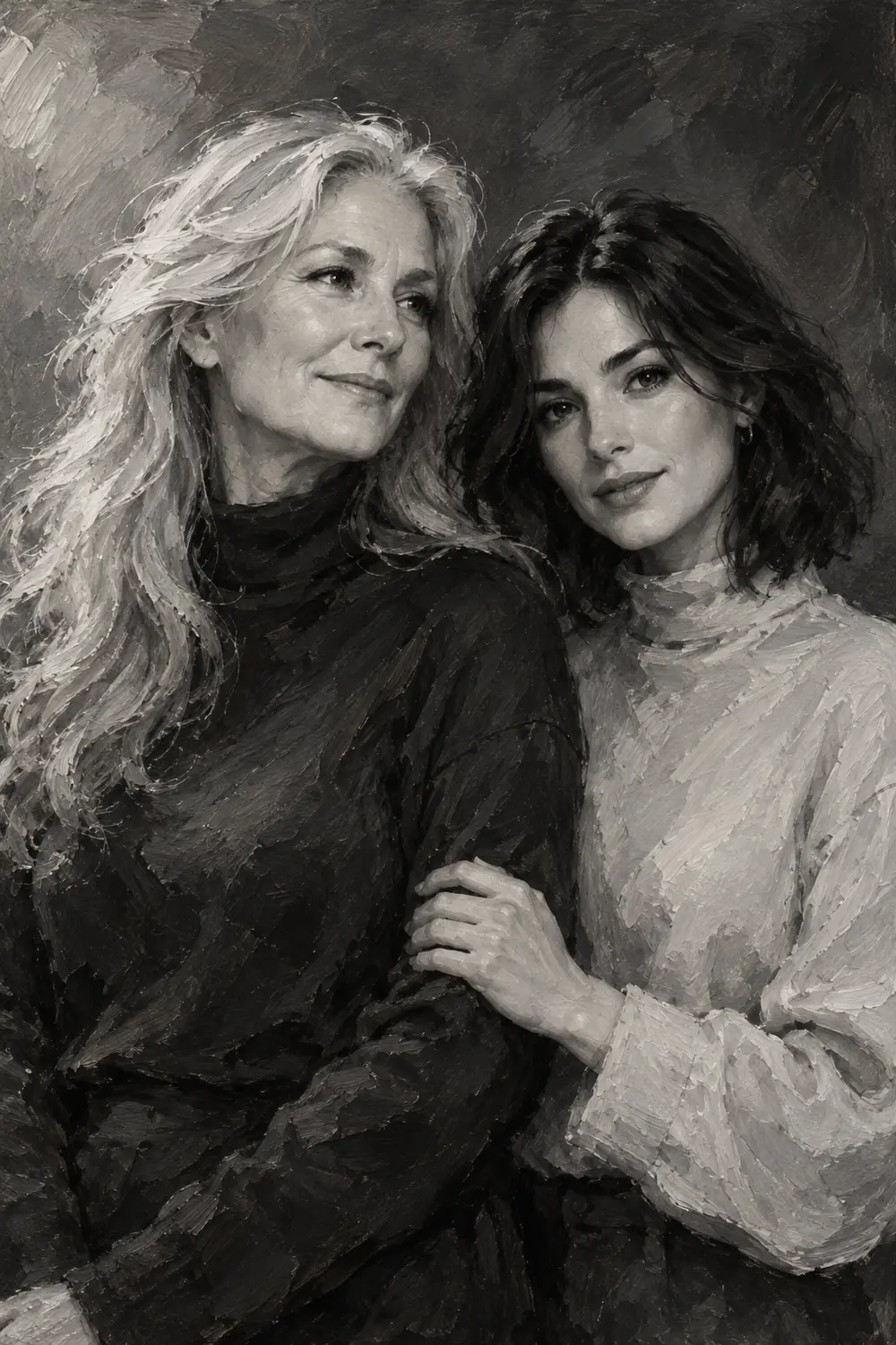 Textured grayscale oil painting of a silver-haired mother and dark-haired daughter standing shoulder to shoulder, with the daughter looking toward the viewer.