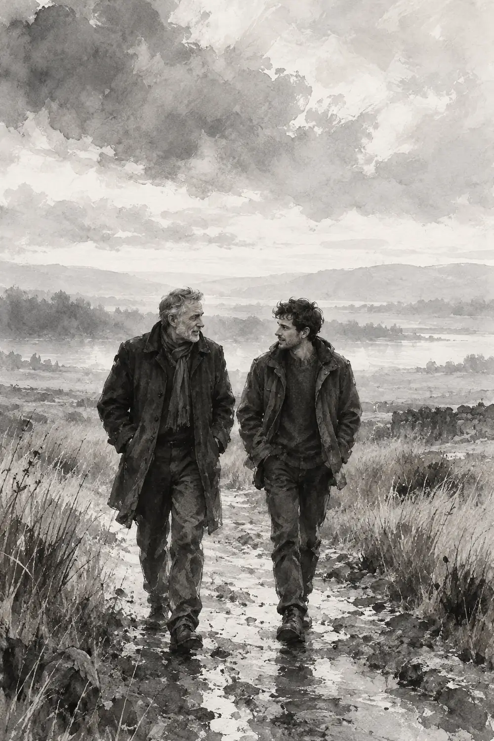 Monochrome ink wash painting of a gray-haired father and dark-curly-haired son walking together and talking on a grassy path beneath a broad cloudy sky.