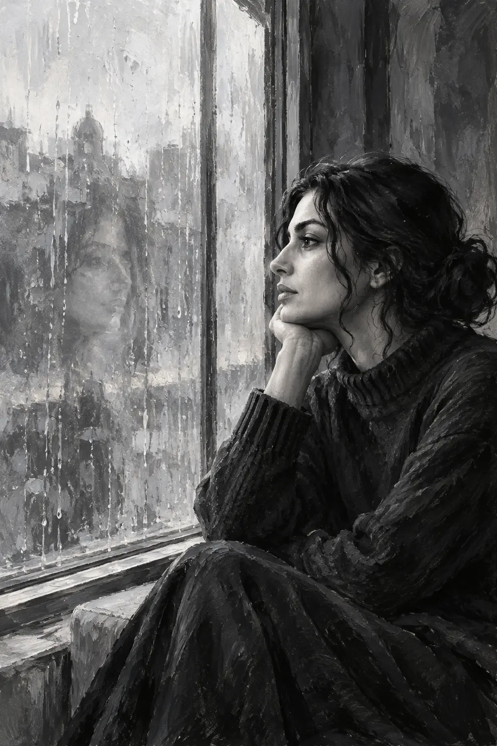 Monochrome acrylic painting of a woman in a dark sweater seated by a rain-streaked window, with her faint reflection in the glass.