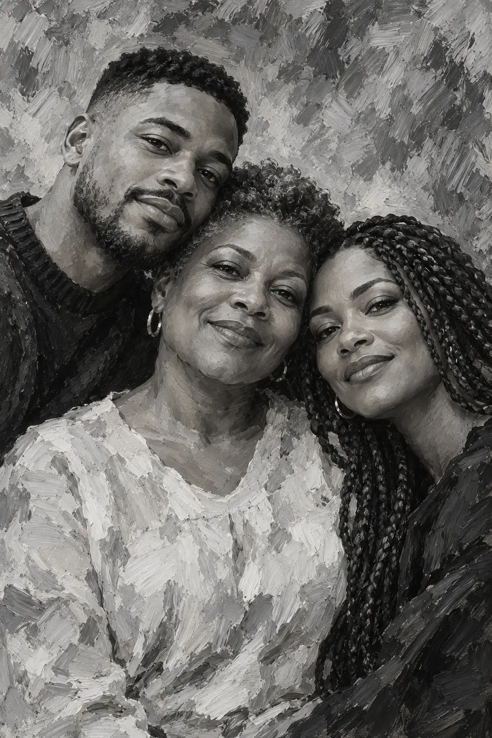 Impressionist black and white painting of a mother, adult son, and adult daughter leaning together, with visible gray brushwork.