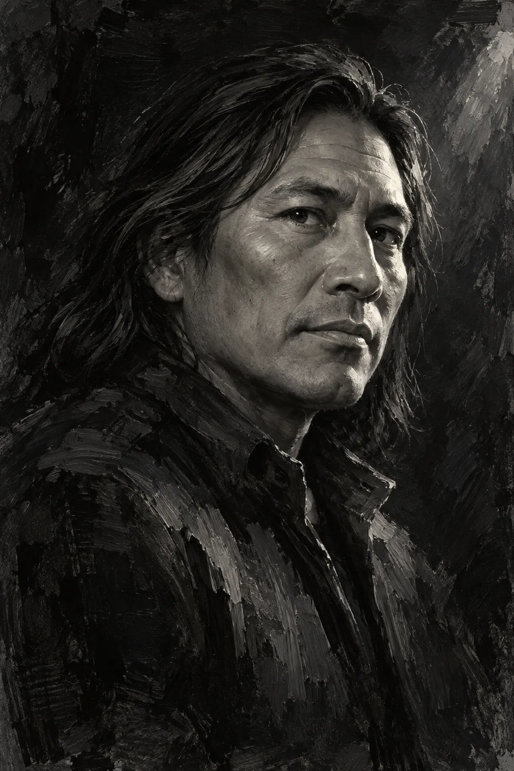 Grayscale oil painting of a fictional Indigenous man with shoulder-length dark hair and a dark jacket, lit from the upper right against a textured near-black background.