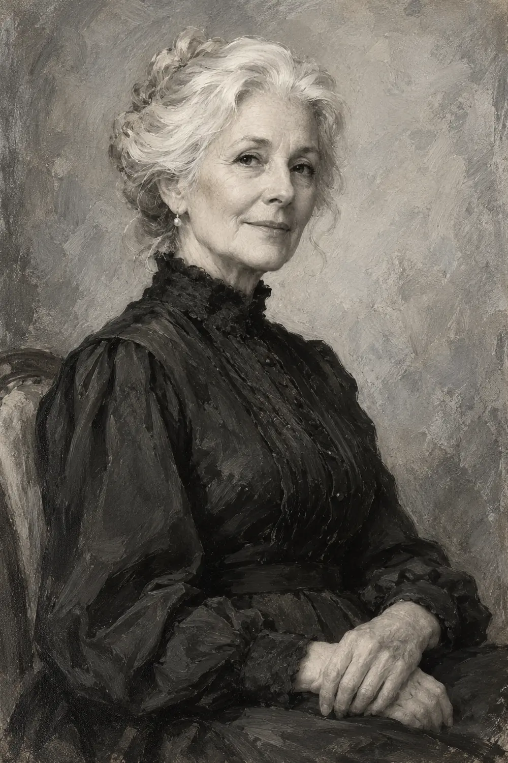 Vintage-style grayscale painting of an older woman with loosely pinned white hair, wearing a dark high-collared blouse and seated with clasped hands against a textured pale gray background.