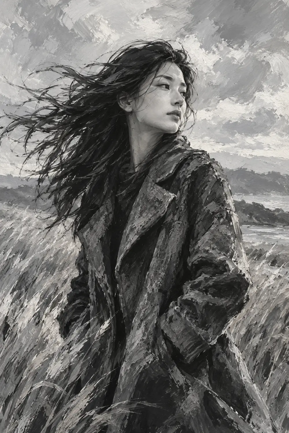 Monochrome acrylic-style portrait of a fictional East Asian woman in a textured coat, her long hair blowing sideways against a painted cloudy sky and grasses.