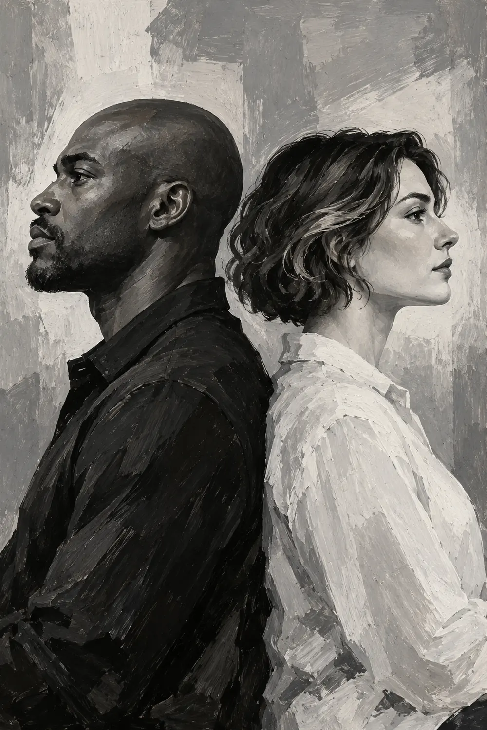 Monochrome painted bust portrait of a Black man with a shaved head and a white woman with a wavy bob, seated back to back in outward-facing profile.