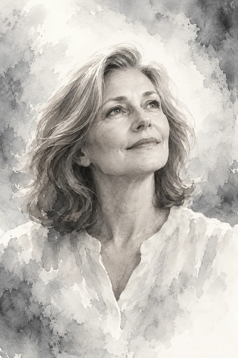 Vertical grayscale watercolor painting of a fictional older woman in a light blouse, gazing upward against a pale circular wash with charcoal-gray edges.