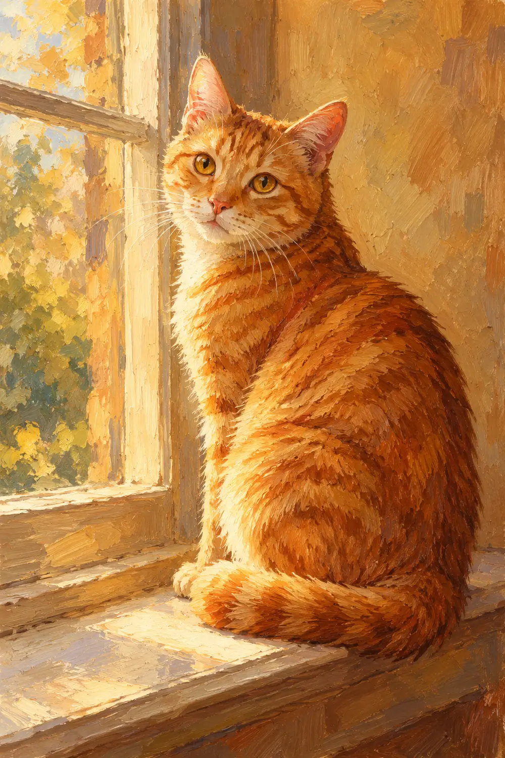 Finished oil painting of a seated ginger tabby cat on a windowsill, its head turned toward the viewer in warm afternoon light against an ochre background.