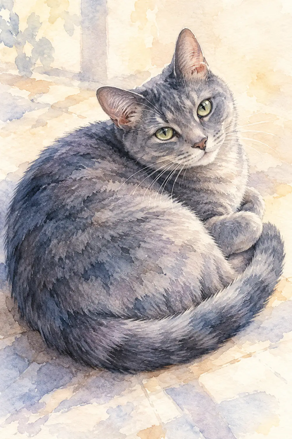 Vertical watercolor painting of a curled gray cat with tucked paws, visible green eyes and whiskers, against a softly washed cream and blue-gray background.