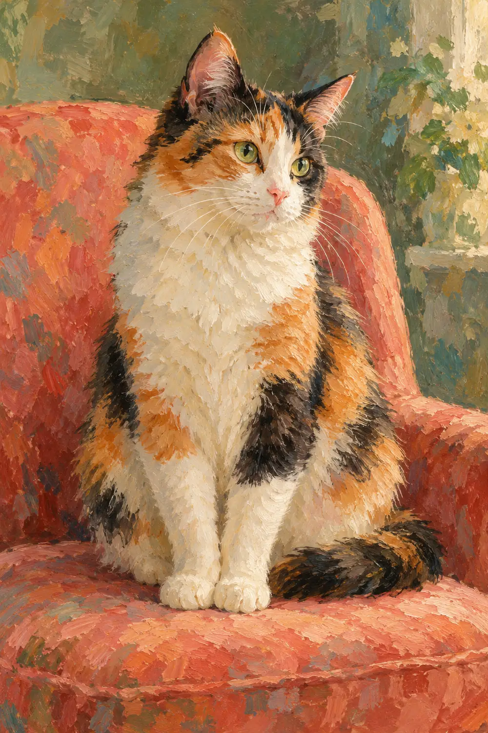 Impressionist painting of a calico cat seated upright on a coral chair, with bright green eyes, visible whiskers, and textured brushstrokes against a muted green background.