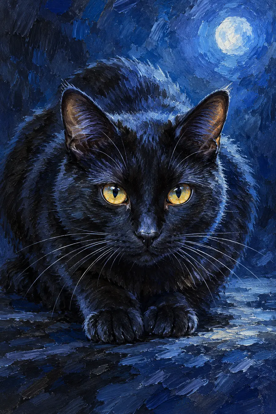 Vertical acrylic painting of a forward-facing crouched black cat with amber eyes and blue highlights against a moonlit indigo background.