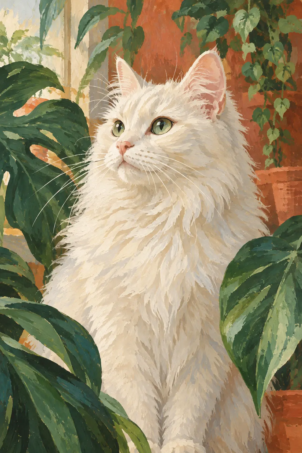 Vertical gouache painting of a white long-haired cat with green eyes, framed by broad green houseplant leaves against a terracotta background.