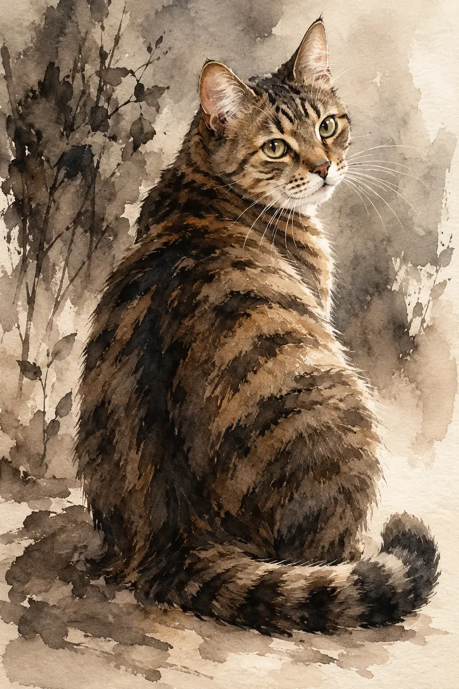 Sepia and charcoal ink wash painting of a seated brown tabby cat looking back over its shoulder, with distinct stripes, bright eyes, fine whiskers, and a loosely brushed background.