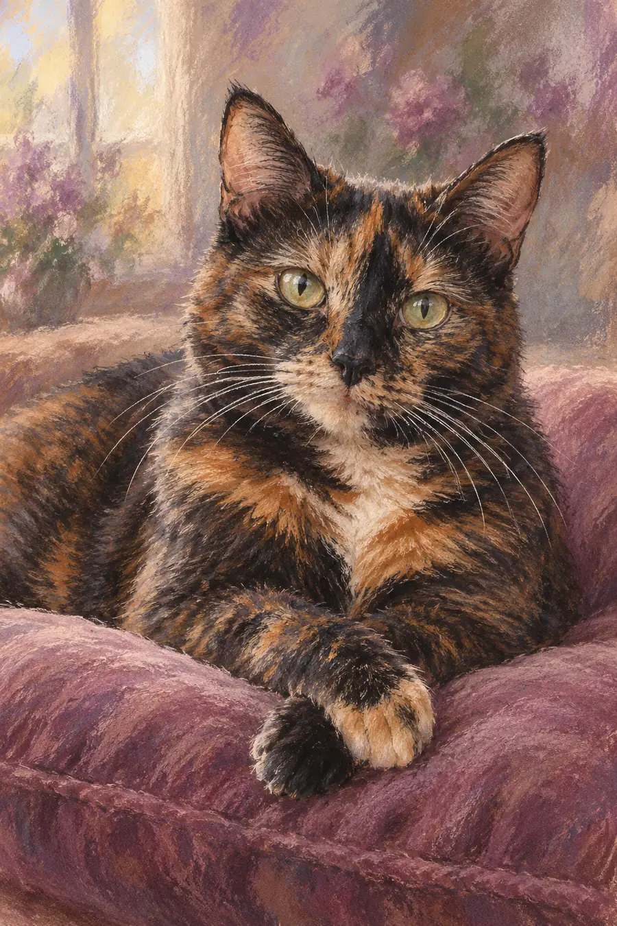 Soft pastel painting of an adult tortoiseshell cat lounging with crossed forepaws on a mauve cushion, its eyes, whiskers, and mottled coat clearly visible.