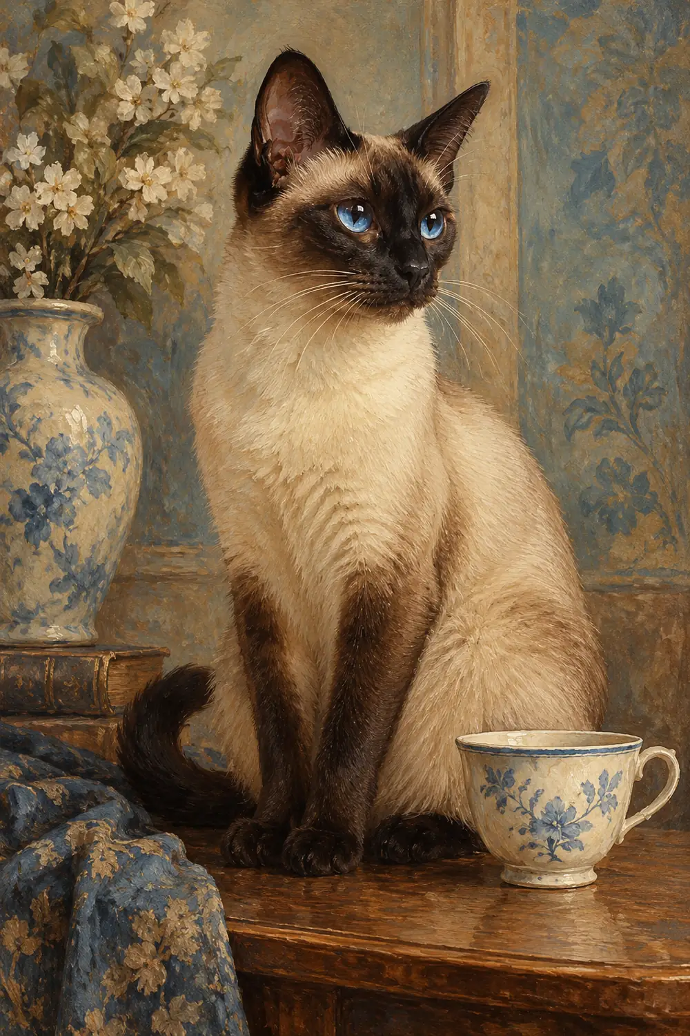 Vintage-style painting of a blue-eyed seal-point Siamese cat sitting beside a floral ceramic teacup.