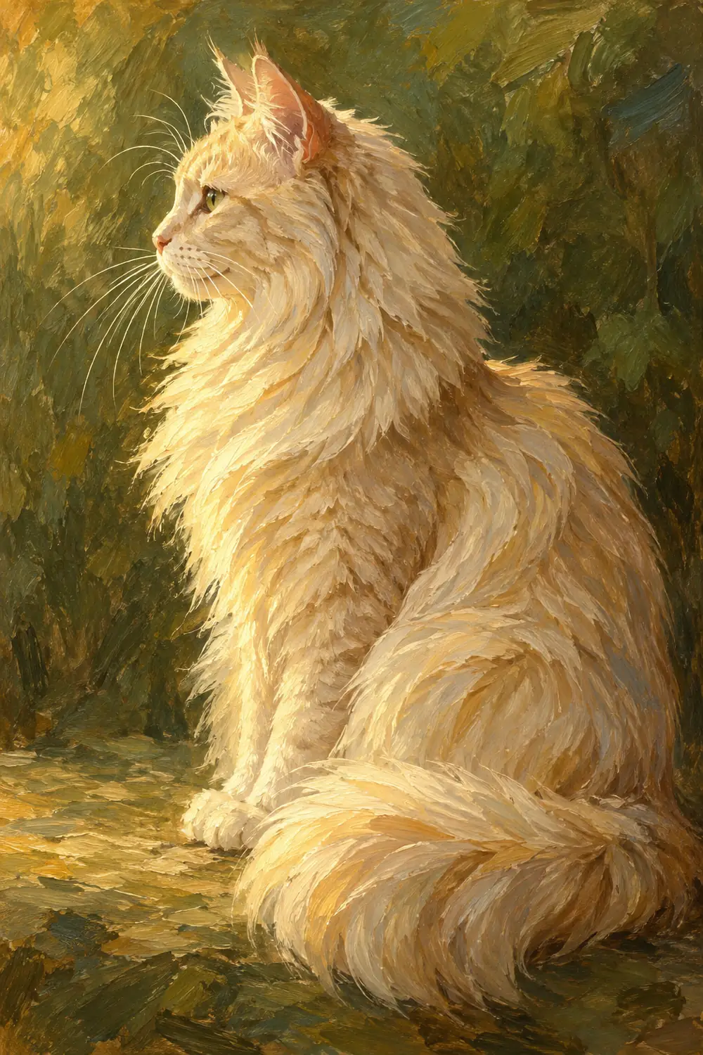 Textured oil painting of a long-haired cream cat sitting in left-facing profile, its plume tail curled beside its paws against a muted olive background.
