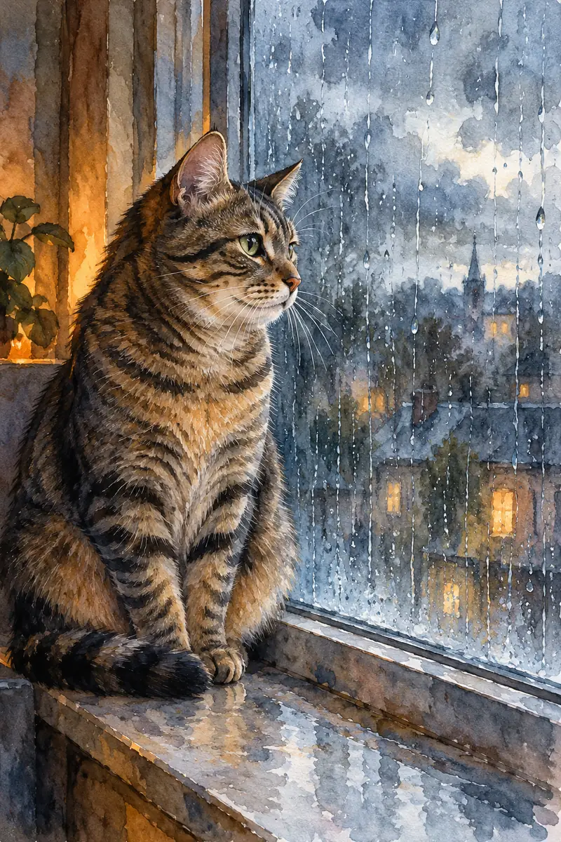 Watercolor painting of a brown striped tabby sitting on a windowsill and watching rain on a blue-gray window, with warm amber light behind it.