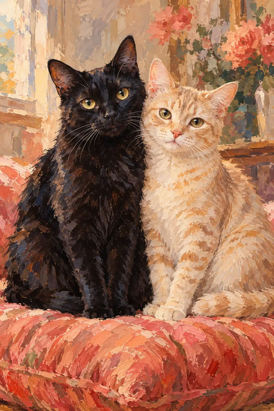 Vertical impressionist painting of a black cat and a cream tabby sitting side by side on a coral cushion, with their faces, ears, eyes, and whiskers visible.