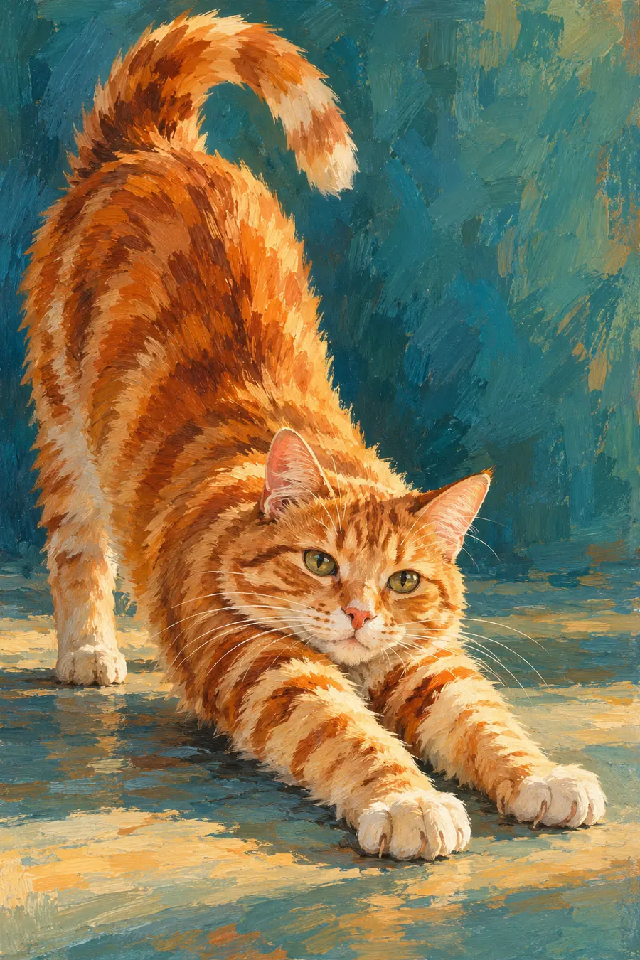 Vertical acrylic painting of an orange tabby cat stretching forward on a teal floor, with its back arched, tail curved overhead, and face, ears, eyes, and whiskers clearly visible.
