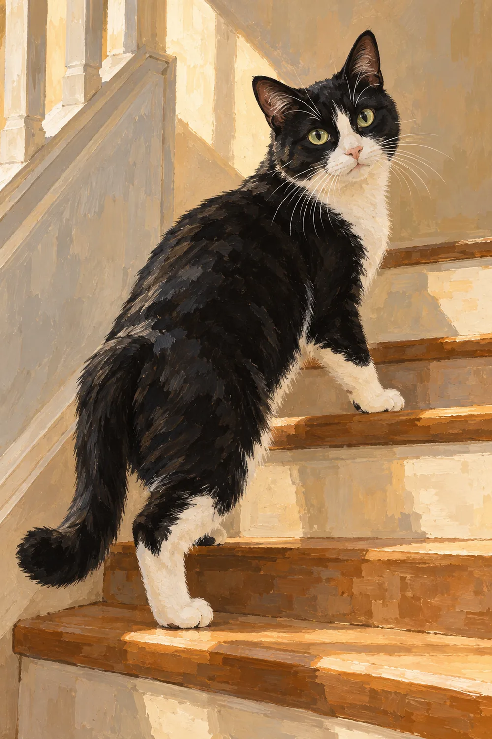 Gouache painting of a black-and-white tuxedo cat pausing on a warm cream and tan staircase, looking toward the viewer.