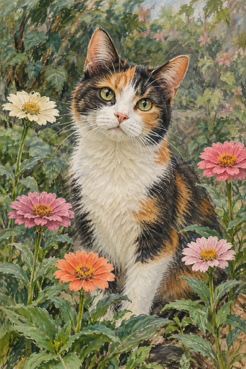 Edge-to-edge textured painting of an upright calico cat with clear green eyes and whiskers among five pink, cream, and coral flowers in a leafy garden.