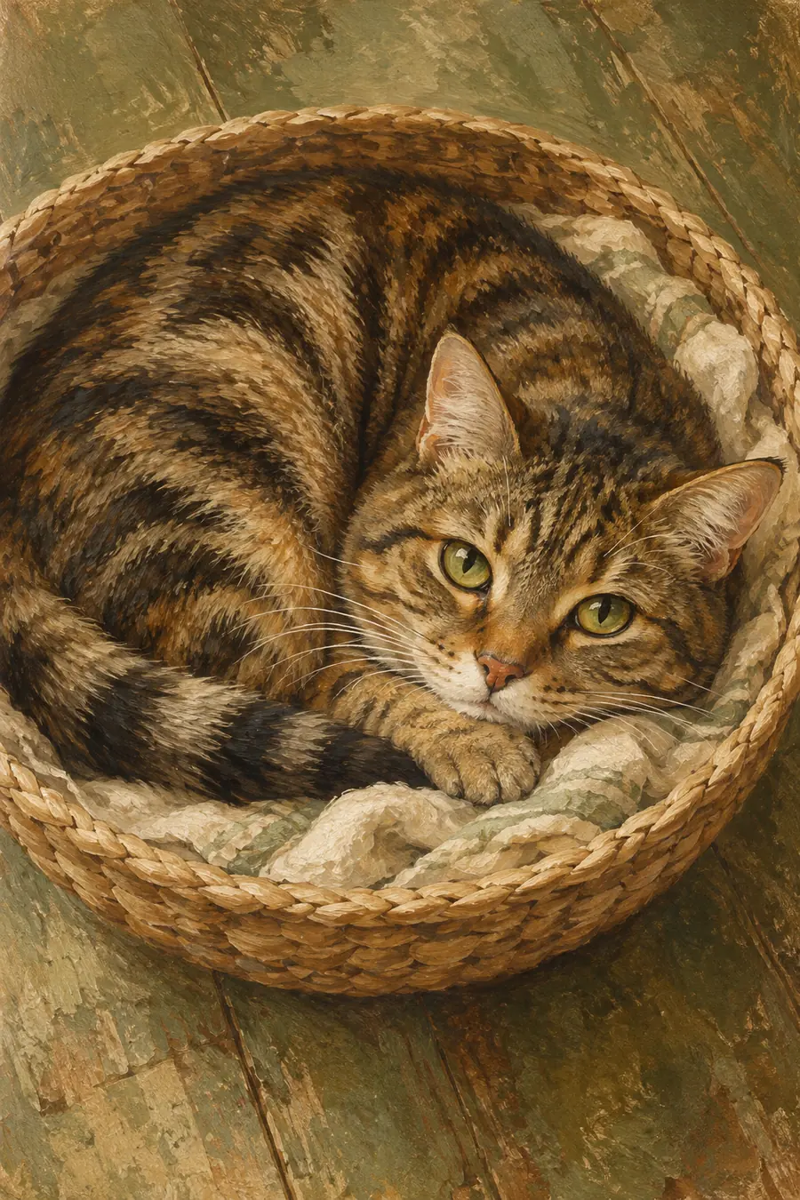 Vintage-style painting of a brown tabby curled in a woven basket, with its face resting on its paws and eyes open.
