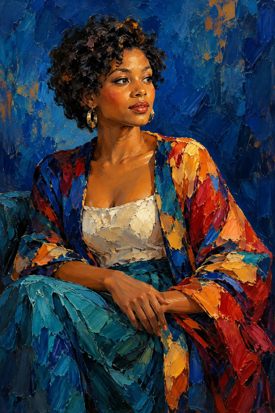 A richly textured oil painting of a seated woman with short natural curls, wearing ruby, amber, and teal clothing against a deep ultramarine background.