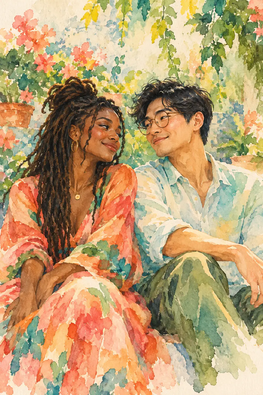 Vertical watercolor painting of a Black woman with locs and an East Asian man with round glasses seated together amid colorful garden foliage.