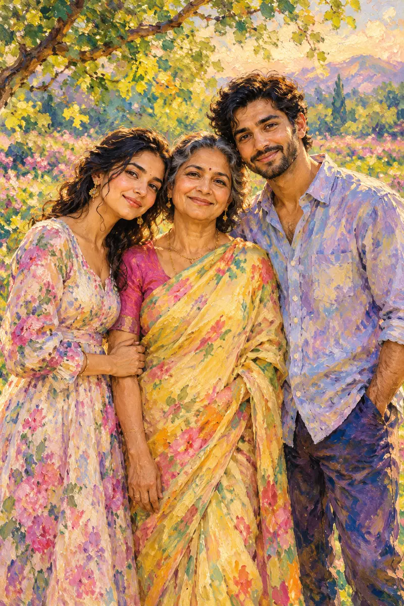 Vibrant Impressionist oil painting of an older South Asian mother with her adult daughter and son, standing close in colorful clothing beneath dappled trees.