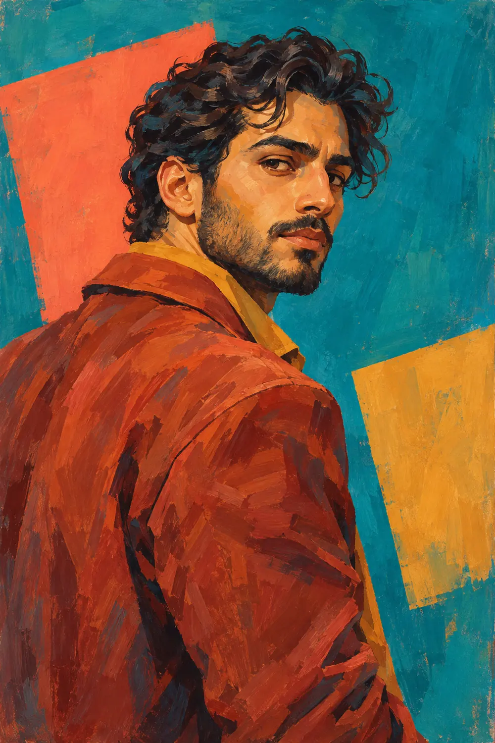 Textured acrylic portrait painting of a wavy-haired man in a rust jacket looking over his shoulder against teal, coral, and mustard shapes.