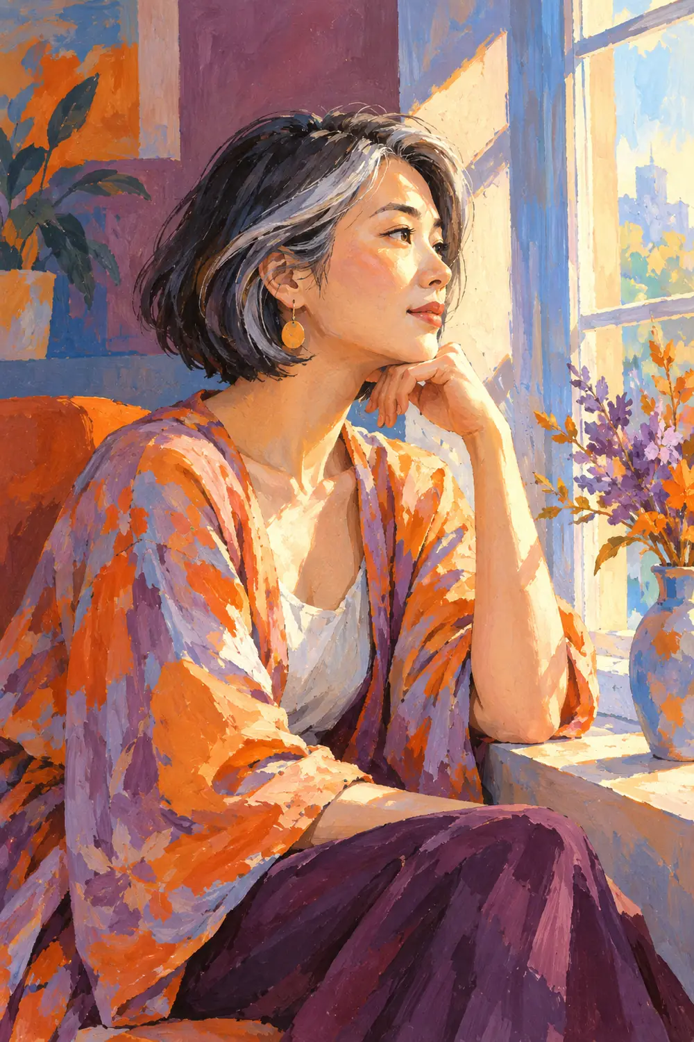 Vibrant gouache painting of a silver-streaked East Asian woman seated in profile by a bright window, her hand near her chin, surrounded by orange, lavender, blue, and plum tones.