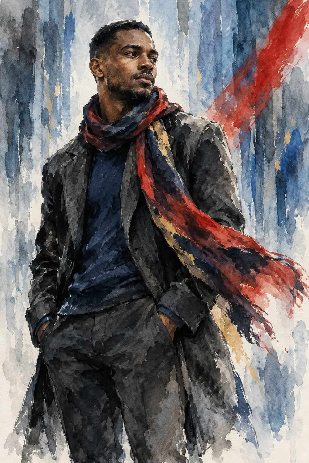 Ink wash portrait of a close-cropped Black man in a charcoal coat, with a long scarlet and gold scarf streaming against blue-gray vertical washes.