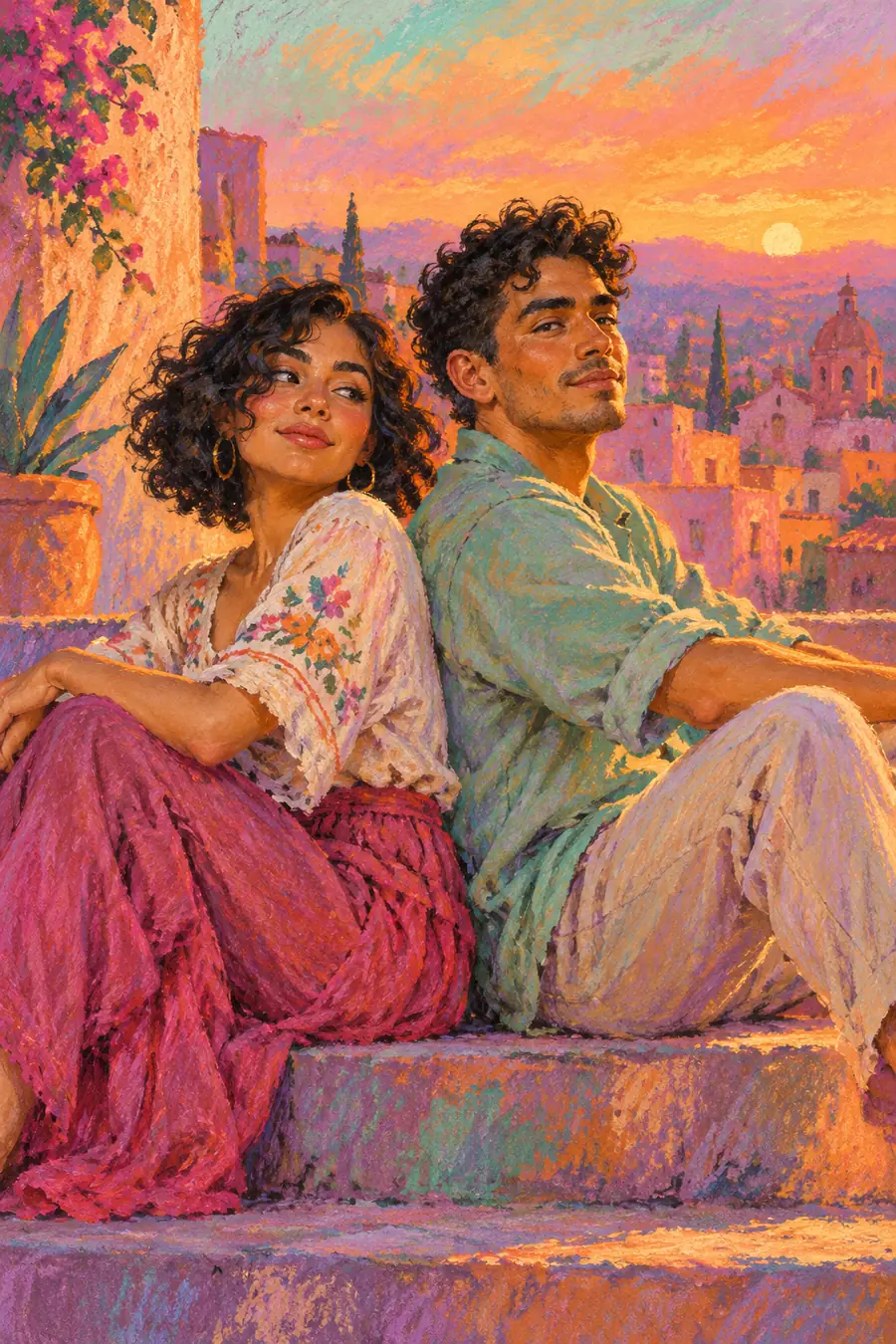 A pastel painting of two curly-haired adult siblings seated back-to-back on stone steps, framed by a vivid peach, magenta, and violet sunset over a town.