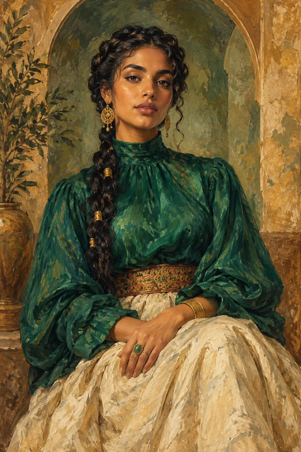 Vintage-style painting of a seated woman with dark braids, an emerald blouse, cream skirt, gold jewelry, and an olive and ochre arched background.