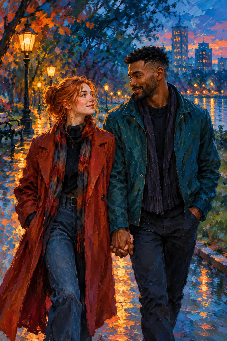 Vibrant oil painting of a red-haired woman and a Black man walking hand in hand beneath glowing streetlamps in a blue-hour city park.