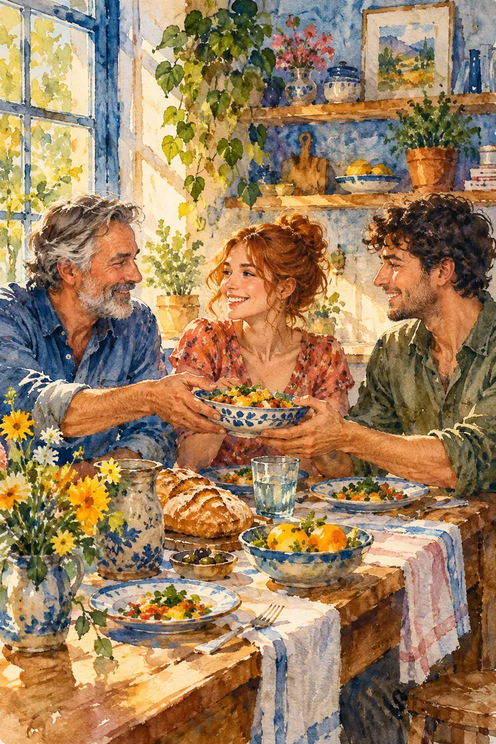 Watercolor painting of a gray-bearded father, auburn-haired daughter, and dark-curled adult son sharing a bowl at a kitchen table in a bright, plant-filled home.